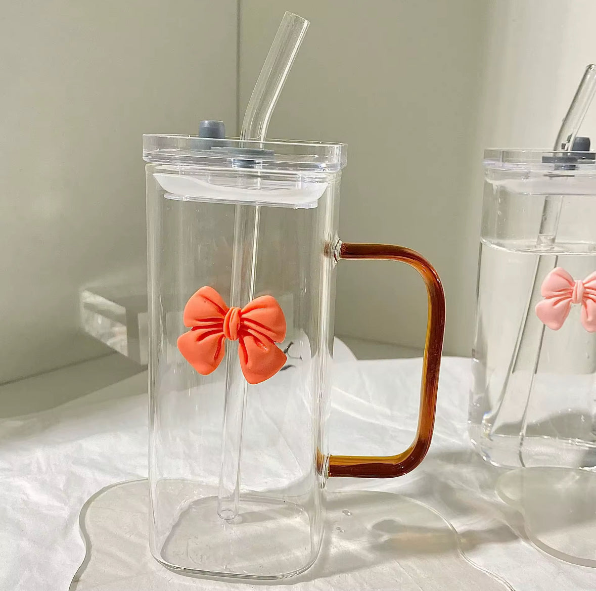 BowKnot Glass Tumbler With Lid And Straw